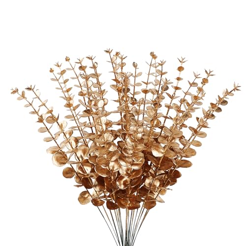 ABAJI Plastic Eucalyptus Golden Stems 12 Fake Faux Decorations Artificial Leaves Greenery Plant Leaf Home Office House Tab...