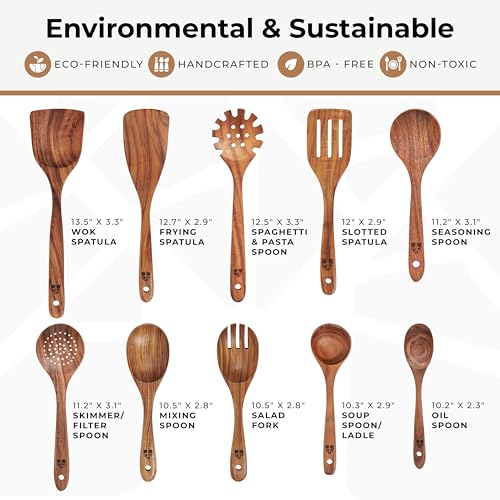 Wooden Spoons for Cooking – 10 Pc Teak Wood Utensil Set, Durable, Nonstick Safe & Heat Resistant with Ergonomic Handles