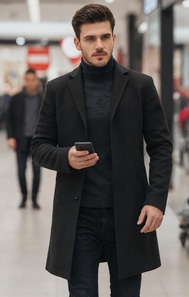 Men's Wool Blend Pea Coat Single Breasted Overcoat Warm Winter Trench Coat
