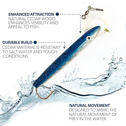 4" Cedar Plugs, 6 Pcs Blue/White Rigged, for Saltwater Fishing, Includes Lure Bag, Ideal Offshore Trolling Gear for Tuna