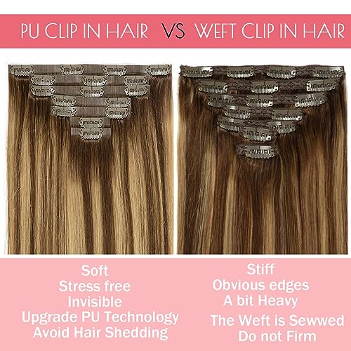 Loxxy Seamless Extensions Clip in Human Hair 20inch 110G 7Pcs Chocolate Brown to Caramel Blonde With Brown Roots Thick Blonde Natural Remy Real Hair Extensions Clip in Human Hair Invisible Tape Weft