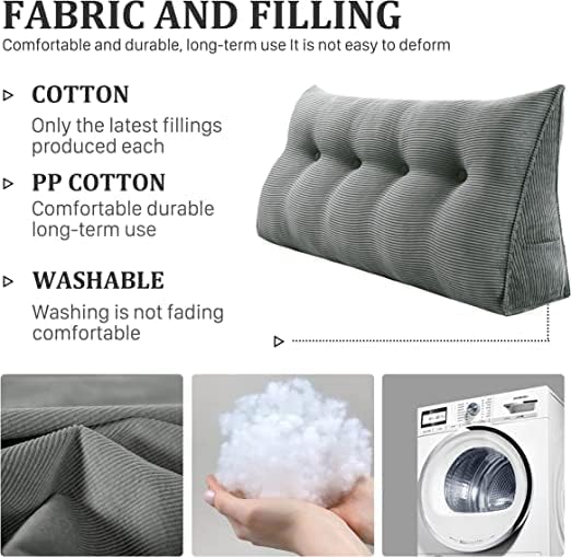 Wedge Headboard Pillow Dorm Room Reading Pillow Back Support for Sitting Up in Bed Bolster Lumbar Cushion Body Positioning Bedrest Corduroy (Dark Gray, Full (54 * 8 * 20in))