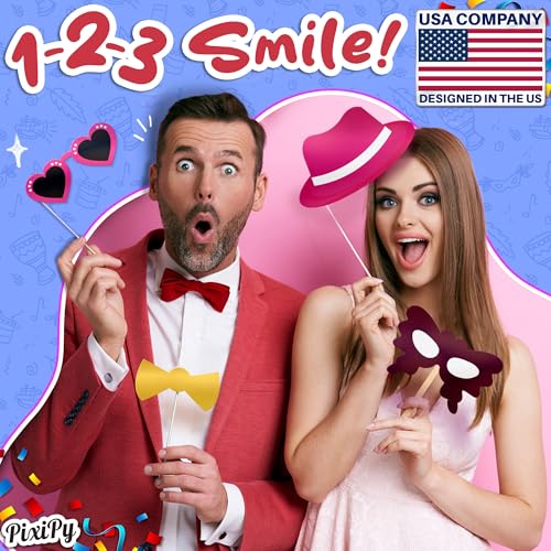 Photo Booth Props - 66 Piece Multicolor Kit - Fun Selfie Party Accessories - Mustaches, Hats, Lips & More - by PixiPy