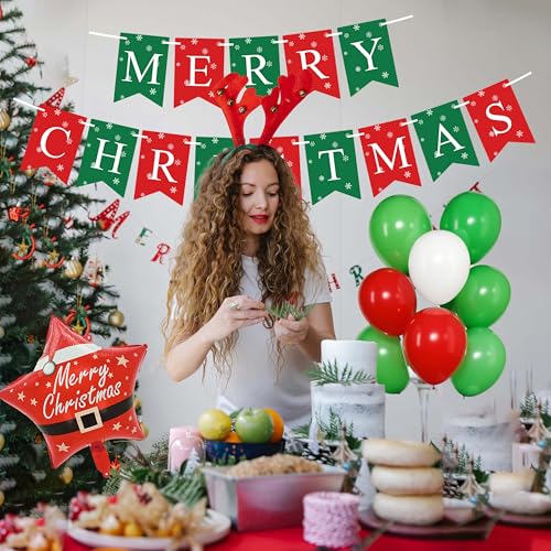 Christmas Party Decorations Set with Photo Booth Frame, Merry Christmas Banner, 35 Balloons, Photo Props