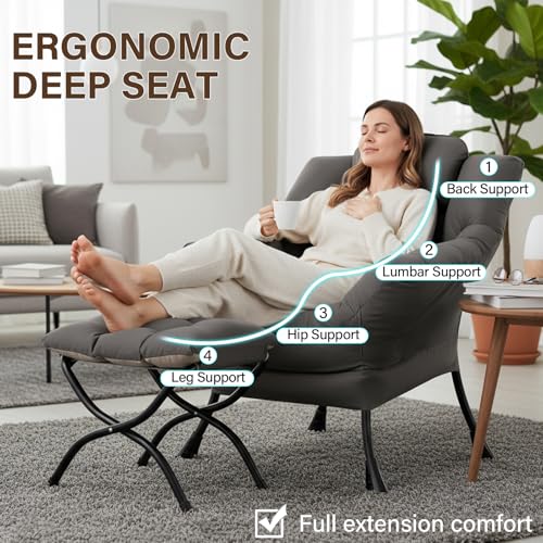 Welnow Lazy Chair with Ottoman, Modern Lounge Accent Chair with Armrests and a Side Pocket, Leisure Sofa Armchair, Reading...