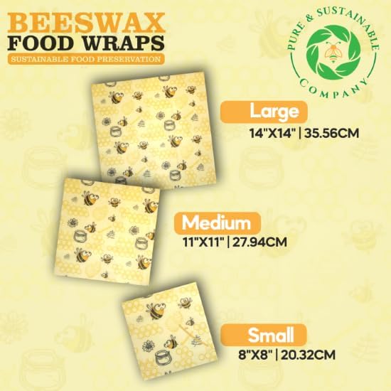 Pure & Sustainable Company® Beeswax Wraps – 3 Pack Reusable Food Storage (8x8, 11x11, 14x14) – Eco Friendly Plastic Wrap Alternative – Washable, Zero Waste – Bee Pattern
