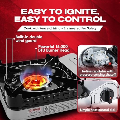 Chef Master 15,000 BTU Butane Portable Camp Stove | Double Wind-Guard Portable Stove Burner w/Piezo Click Ignition for Eme...