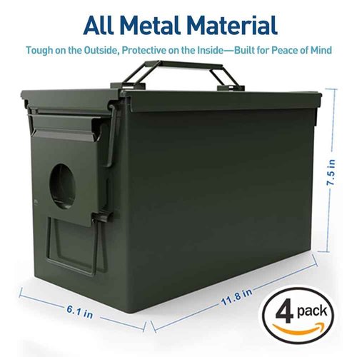 HARDROCK Ammo Can Metal Ammo Box Storage Crate case for Shotgun Bullet Rifle Nerf Ammunition Waterproof case-Gard Organizer (50 Caliber-Green-4pcs)