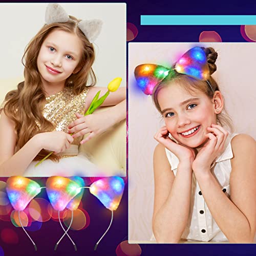Juexica Light up Cat Ear Headband LED Kitty Ear Furry Cute Headbands Glow for Party Concert Night Clubs Birthday Cosplay