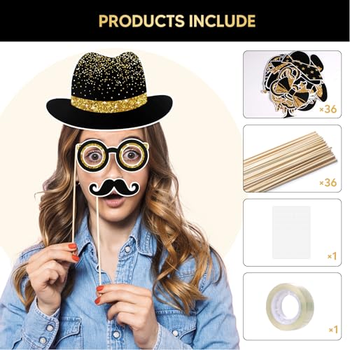 DARCKLE 36PCS Black and Gold Photo Booth Prop, Party Photo Booth Props for Photoshoot Birthday Party Photobooth New Year G...