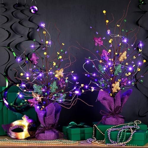 Anglechic 2 Pieces Lighted Mardi Gras Artificial Berry Blossom Table Tree 21 H Shinny Table Centerpiece Tree for Mardi Gra...