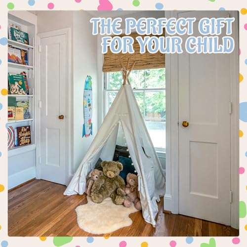 4 PCS Teepee Tent for Kids,Washable Tapered Kids Teepee Tent,Bohemian Teepee Tents,White Collapsible Sleepover Tents,for B...