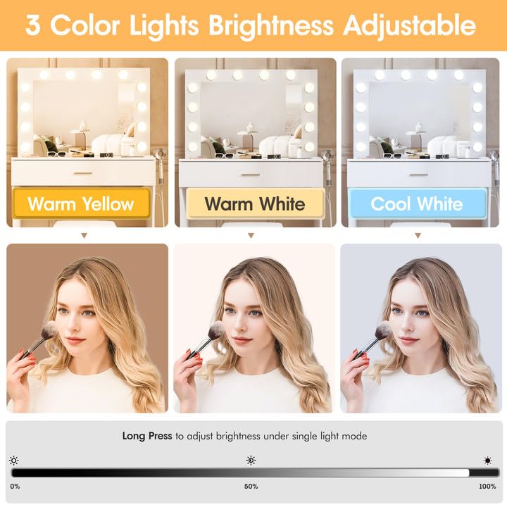 Vanity Desk with Lights, Makeup Vanity Desk with Lighted Mirror and Charging Station, ，3 Lighting Modes Adjustable Brightness,Makeup Vanity Set with Cushioned Chair