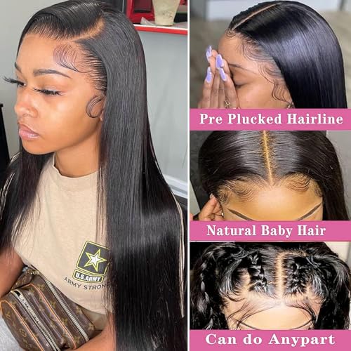 Straight Lace Front Human Hair Wig Pre Plucked 200 Density Glueless Natural Black Straight Wig Human Hair 13x4 HD Lace Frontal Wigs for Women (24 Inch)
