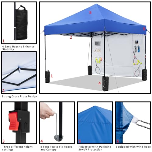 Blue 10x10 FT Pop Up Canopy Tent with 1 Sidewall, Heavy Duty Canopy for Outdoor, Commercial Instant Gazebos, for Party, Pa...