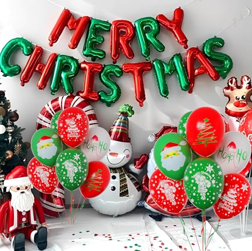 Christmas Balloons, 12 Inch Green and Red Balloons With Ribbon for Christmas Birthday Party Decorations