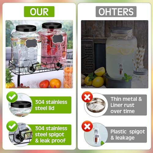 Lallisa 3 Pcs 2 Gallon Glass Drink Dispenser with Stand and Lid Mason Jar Beverage Dispenser with Stainless Steel Spigot, ...