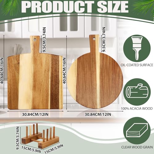 2 Pack Acacia Wood Cutting Board with Stand, Charcuterie Boards for Kitchen, Round & Rectangular Wooden Cutting Board Set ...