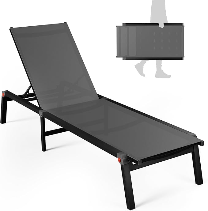 Aluminum Chaise Foldable Patio Lounge Chair Outdoor, Metal Deck Lounger Adjustable 5-Position Recliner Pool Chase Breathable Full Flat Outside Sun Tanning Chairs for Beach/Poolside/Lawn(Grey, 1 Pack)