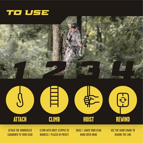 Hunter Safety System Bow & Gear Hoist: 30' Automatic Unwinding Pull Line with Coated Carabiner, Lightweight Rewind System ...