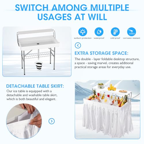 HLPB 4 FT Party Ice Cooler Folding Table with Folding Board, Outdoor ice Table with Skirt & Drain & Folded Buckets & Barbe...