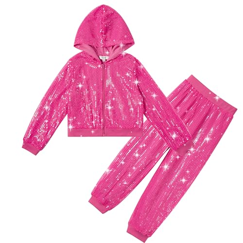 LOLANTA 2Pcs Girls Dance Outfits Cropped Sequin Jacket Pants Set, Kids Hip Hop Dance Costumes for 80s 90s Party 5-15 Years