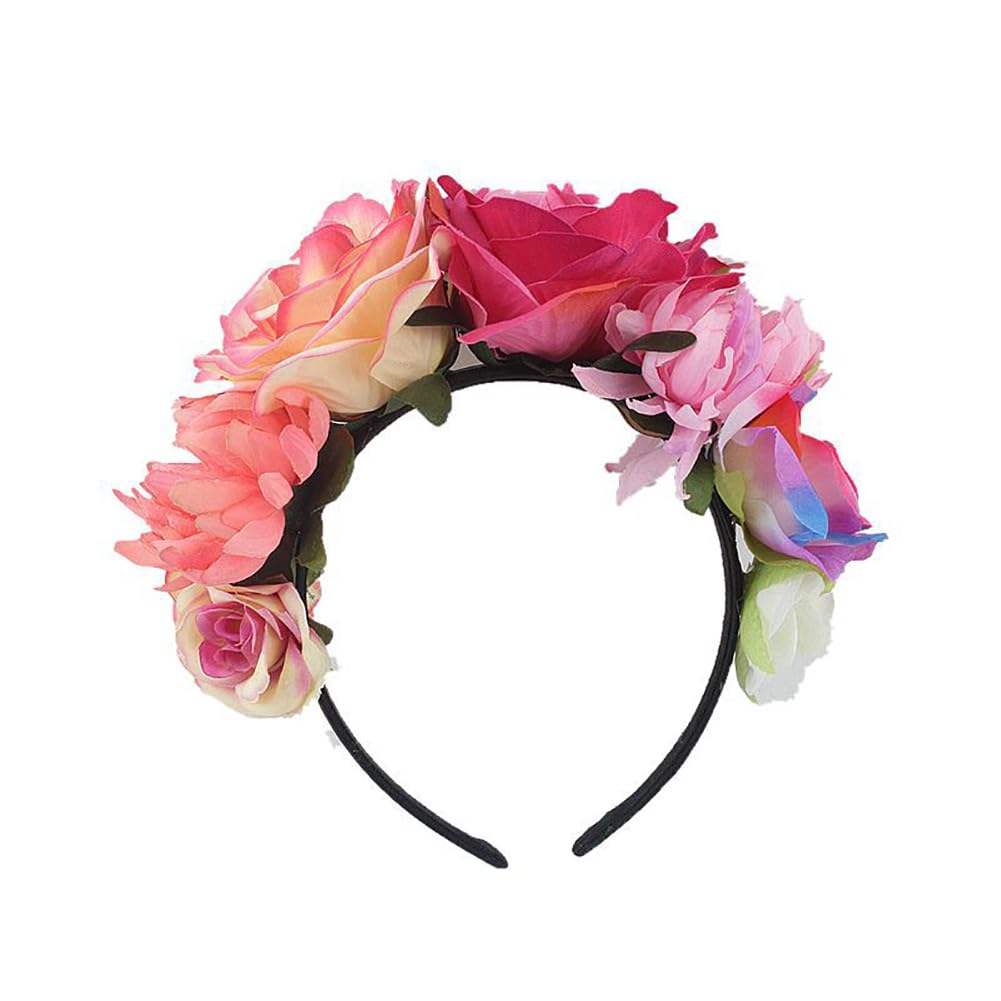 Lofruiin Women's Bohemian Rose Flower Crown Mexican Day of The Dead Headband Halloween Party Costume Headpiece (Rose Pink Colorf