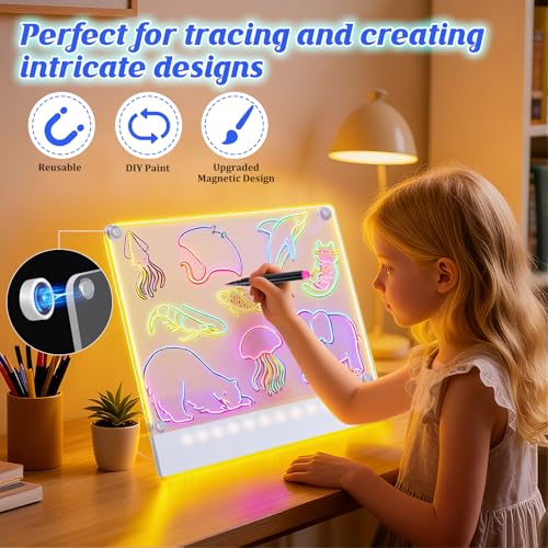 Rechargeable LED Drawing Board for Kids with Tracing Pages, Lumi Board Magnetic Light Up Acrylic Dry Erase Board, LED Note...