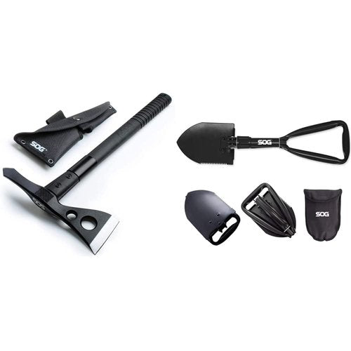 SOG Tactical Tomahawk- Throwing Hatchet, Versatile Survival Tactical Axe and Emergency Breaching Tool & Entrenching Tool- 18.25 Inch Folding Survival Shovel with Wood Saw Edge - Black (F08-N)