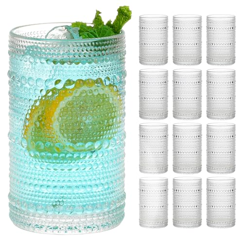 Moretoes Hobnail Drinking Glasses Set of 12,12 Oz Highball Glasses Clear Embossed Boho Water Glass Cups Kitchen Bar Tumble...