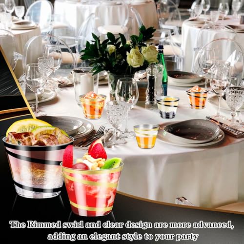 Dualshine 100 PCS Black and Gold Rimmed Swirl Clear Plastic Cups, 9 oz Disposable Plastic Wine Glasses, Heavy Duty Cocktai...