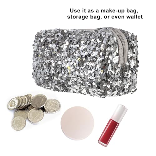 VALICLUD Sequin Makeup Bag Silver Glitter Cosmetic Pouch Large Capacity Travel Organizer with Zipper for Women and Girls
