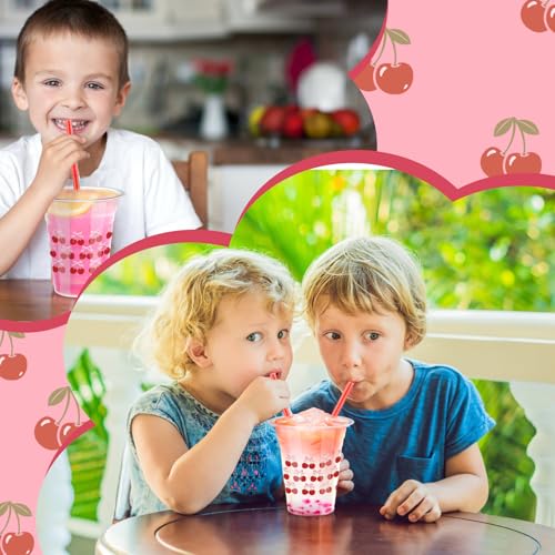 Yoiemivy 100 Pcs Cherry Disposable Plastic Cups with Straws 16 oz Cute Cherry Beverage Drinking Cups for Holiday Party Fav...