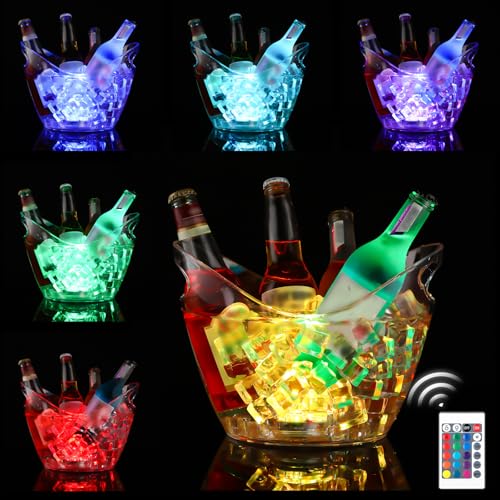 Funnymoom 4L LED Ice Buckets with Waterproof Light and Remote Control Light up Plastic Ice Bucket Clear Large Capacity Bee...