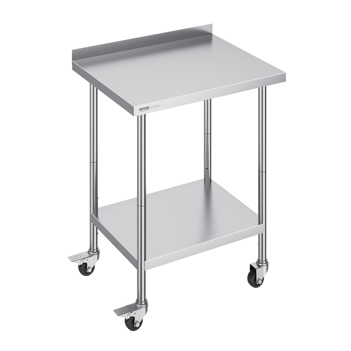 VEVOR Stainless Steel Prep Table, 30 x 24 x 35 Inch, 440lbs Load Capacity Heavy Duty Metal Worktable with Backsplash Adjustable Undershelf & 4 Casters, Commercial Workstation for Kitchen Restaurant