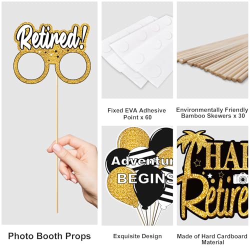 Kuxriox 30Pcs Happy Retirement Party Decorations for Men Women, Black Gold Retirement Photo Booth Props, Cheers to Retirem...