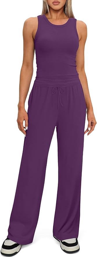 Darong Women's 2 Piece Outfits Lounge Sets Sleeveless Tank Tops Wide Leg Pants Sets Tracksuits Match Sets