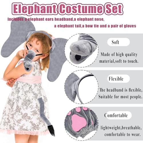 Xuyyicao 5 Pcs Grey Elephant Costume Set,Fuzzy Elephant Ears Nose Tail Gloves Bowtie Kit,Animal Costumes for Halloween Cos...