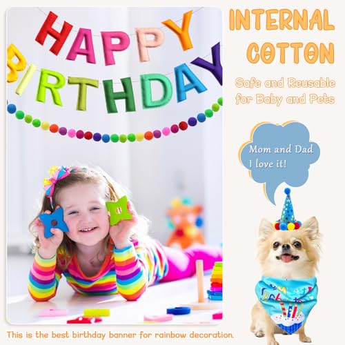 4PCS Pre-Strung Happy Birthday Banner - Felt Happy Birthday Garland, Ball Garland, Felt Pennant Flag, Colorful Thread Tass...