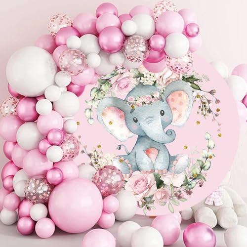 TTQYFNM 7x7ft Elephant Baby Shower Round Backdrop Watercolor Pink Floral Cute Elephant Circle Background for Photography G...
