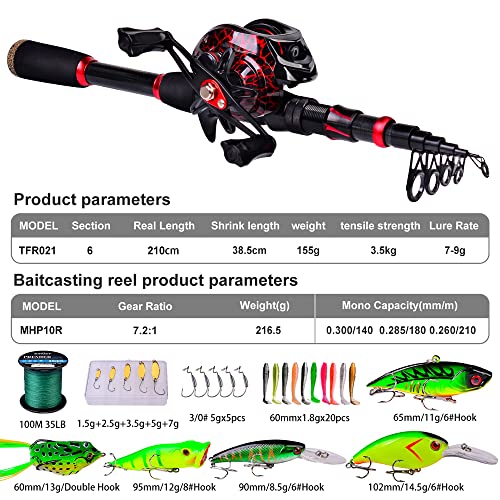 Fishing Rod and Reel Combo, 6.9ft Carbon Fiber Telescopic Fishing Pole with Spinning/Baitcasting Reel Combos, Sea Saltwate...