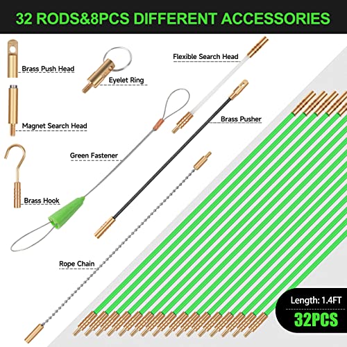 FTIHTRY 45FT Fiberglass Running Electrical Wire Cable Glow Rods Wire Pulling, Fish Rods Electrical Kit with 8 Different At...