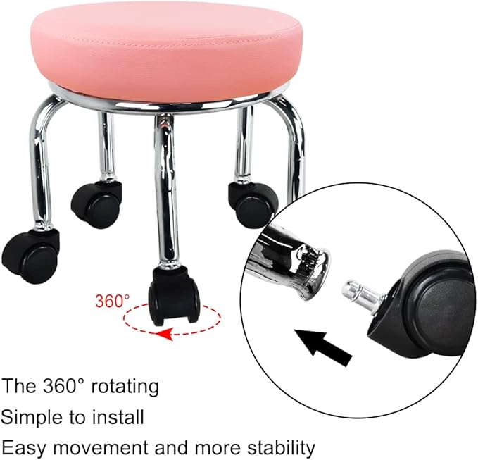 WKWKER Modern Roller Seat PU Leather Low Round Rolling Stool 360° Swivel Small Office Ottoman with Universal Wheels Foot Stool for Home Office Garage Shop Fitness Sport H：12.4" （Pink）