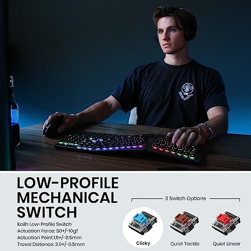 Perixx PERIBOARD-835BR Wireless Ergonomic Mechanical Keyboard - RGB Backlit - Low-Profile Brown Tactile Switches - Multi-D...