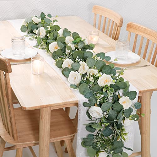 TOCHGREEN 2 Pack 13Ft Artificial Eucalyptus Flower Garland with White Roses, Fake Rose Flower Greenery Garland Floral Vine...