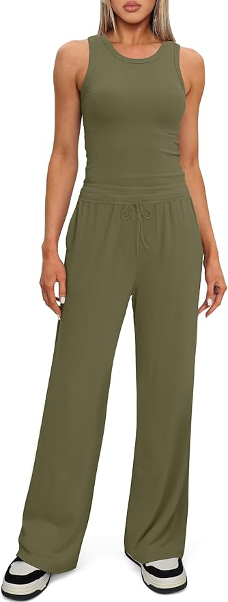 Darong Women's 2 Piece Outfits Lounge Sets Sleeveless Tank Tops Wide Leg Pants Sets Tracksuits Match Sets