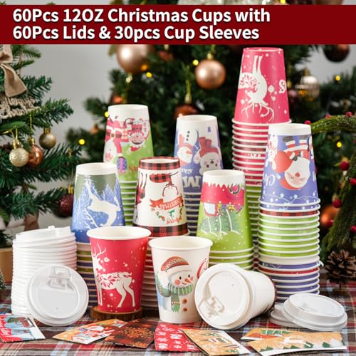 Dorizeg Christmas Cups with Lids and Sleeves 12oz Disposable Coffee Cups with Lids Hot Chocolate Cups 10 Designs, Christma...