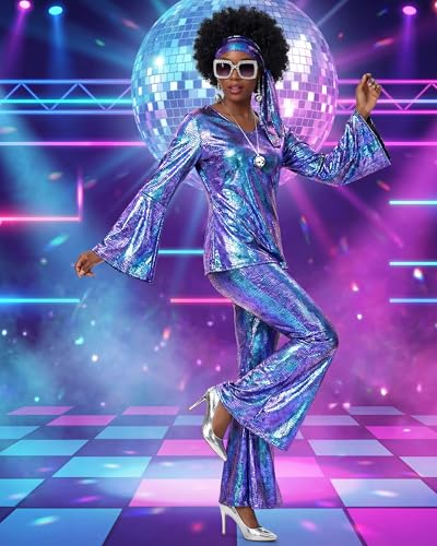 Jexine 70s Women Disco Outfit Costume Disco Party Top Pants Sunglasses Ball Necklace Earring Wig for Halloween New Year Eve