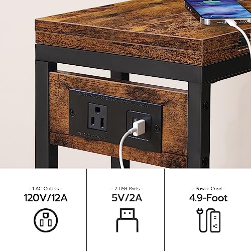 HOOBRO C Shaped Side Table with Charging Station, Foldable End Table with Fabric Bag, Sofa Couch Tray Table for Small Spac...