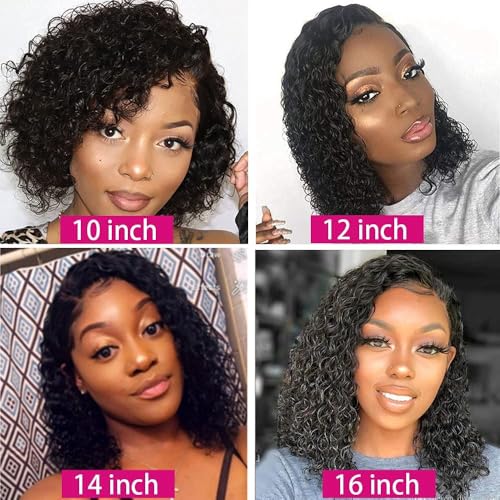 16 Inch Deep Wave Bob Wig Human Hair 13x4 Frontal Lace Wig 200% Density Short Bob Wigs Human Hair for Black Women Glueless Curly Bob Wig With Baby Hair Natural Black